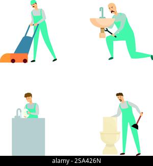 Sammlung von Illustrationen, die Reinigungsmittel mit Werkzeugen und Ausrüstungen für verschiedene Reinigungsaktivitäten zeigen. Satz professioneller Reinigungsmittel für verschiedene Aufgaben Stock Vektor