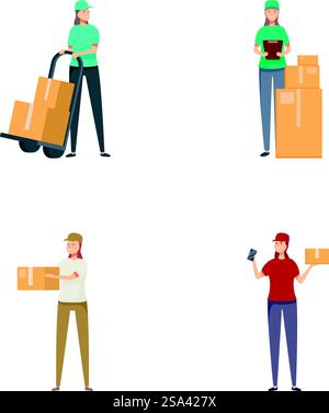 Professionelles Personal in Uniform, darunter Kurierdienste für Männer und Frauen, das mit Handscannern und effizienter Logistik arbeitet und Pakete und Pakete verteilt. Abholung von vier Mitarbeitern des Zustelldienstes mit Paketen und Ausrüstung Stock Vektor