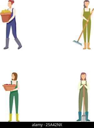 Satz von vier Abbildungen, die Personen zeigen, die in verschiedenen Gartenarbeiten tätig sind, isoliert auf weiß. Gärtner Sammlung, Leute mit Gartengeräten und Pflanzen Stock Vektor