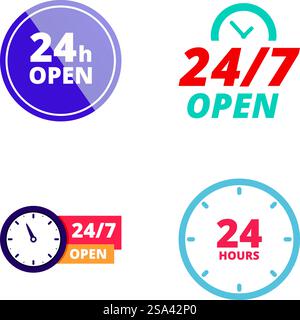 Vier Symbole symbolisieren 24-Stunden-nonstop-Services, die für Unternehmen geeignet sind, die kontinuierlich arbeiten. Set von Rundschloß-Servicesymbolen Stock Vektor