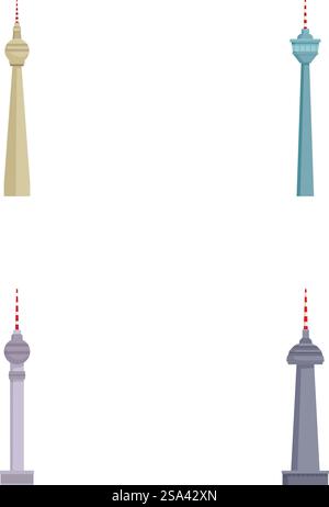 Sammlung von vier ikonographischen Kommunikationstürmen im minimalistischen Stil auf hellem Hintergrund. Satz von Vektorabbildungen von Kommunikationstürmen Stock Vektor