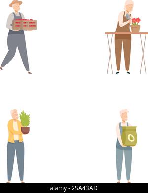 Collection of four illustrations showing elderly individuals engaged in different gardening tasks. Set of senior people enjoying gardening activities Stock Vektor