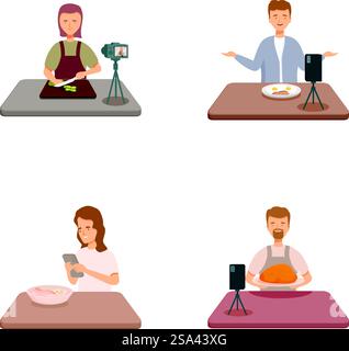 Eine Reihe von Illustrationen mit verschiedenen Food-Bloggern, die Tutorials und Rezensionen für Online-Zuschauer aufzeichnen. Food-Blogger erstellen Inhalte für soziale Medien Stock Vektor