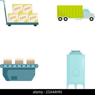 Sammlung von vier Vektorabbildungen mit verschiedenen Fracht- und Lagercontainern. Vektorsatz kommerzieller Transport- und Lagereinheiten Stock Vektor
