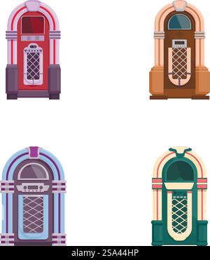 Set aus farbenfrohen Jukeboxen im Retro-Stil, perfekt für nostalgische Designthemen. Vintage-Jukebox-Kollektion in verschiedenen Farben Stock Vektor