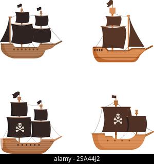 Sammlung von vier stilisierten Zeichentrickschiffen mit verschiedenen Segeln und Flaggen, mit einem Schädel und gekreuzten Knochen. Set von Karikatur-Piratenschiffen isoliert auf weiß Stock Vektor