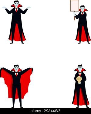 Sammlung von vier Vampirillustrationen in verschiedenen Posen, perfekt für halloween-Designs. Diverse Vampir-Zeichentrickfiguren Stock Vektor