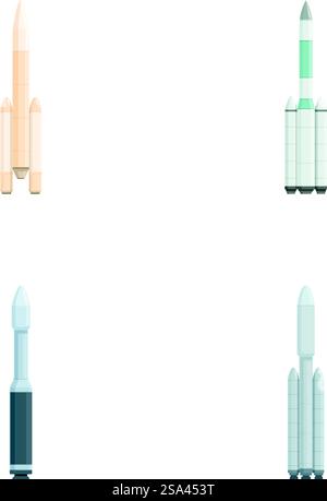 Sammlung von vier stilvollen Symbolen, die verschiedene Weltraumraketen auf weiß darstellen. Eine Reihe moderner Weltraumraketen-Symbole Stock Vektor