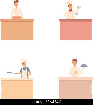 Kochen-Konzept-Symbole setzen Cartoon-Vektor. Chefkoch führt Meisterkurs durch. Bäckerei und Kochen. Kochen-Konzept-Symbole setzen Cartoon-Vektor. Chefkoch führt Meisterkurs durch Stock Vektor