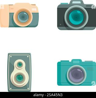 Sammlung von vier digitalen Cartoon-Illustrationen mit Kameras und einem Lautsprecher, isoliert auf weiß. Vektorsatz von Cartoonkameras und Lautsprechern Stock Vektor