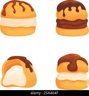 Köstliche Creme Puffs-Kollektion mit Schokoladenglasur und geschlagenem Topping für köstliche Teespezialitäten. Illustriertes Set aus verschiedenen cremegefüllten Choux-Teigtaschen mit Schokoladenglasur Stock Vektor