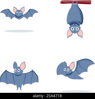 Set aus vier bezaubernden Zeichentrickfledermäusen in verschiedenen Posen, ideal für halloween oder Wildtiere. Niedliche Zeichentrick Fledermaus Sammlung Vektor Illustration Stock Vektor