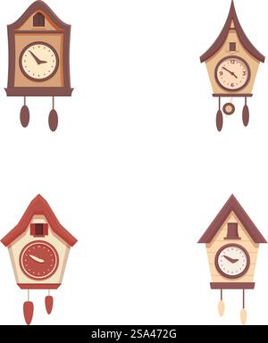 Sammlung von vier klassischen Kuckucksuhren aus Holz, isoliert auf weißem Hintergrund. Set von Vintage Kuckucksuhren Illustration Stock Vektor