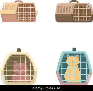 Vektorsatz verschiedener Tierträger mit einer Katze und Hund Illustrationen. Sortiment an Cartoon-Tierträgern Stock Vektor