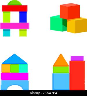 Sammlung von bunten Spielzeugblöcken in verschiedenen Formen, isoliert auf weiß. Bunte Bausteine auf weißem Hintergrund Stock Vektor