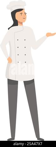Vektor-Illustration einer Küchenchefin in einer professionellen Uniform, die mit ihrer Hand Gesten. Selbstbewusste Chefkoch-Zeichentrickfigur Stock Vektor