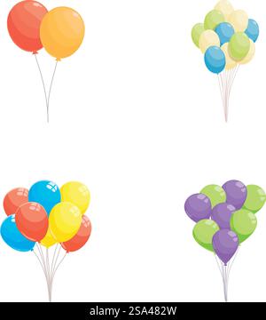 Sammlung von vier Vektorillustrationen mit leuchtenden Ballonclustern in verschiedenen Farben. Buntes Ballon bündelt Vektorset Stock Vektor