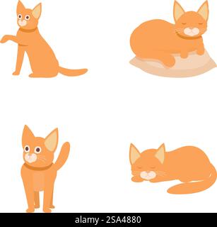 Illustrationssammlung von vier entzückenden Karikaturkatzen, die auf weißem Hintergrund sitzen, liegen und sich ausdehnen. Set niedlicher Karikaturkatzen in verschiedenen Posen Stock Vektor