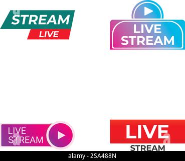 Dynamisches und lebendiges Livestream-Logo mit modernen, farbenfrohen und anpassbaren Multimedia-Symbolen für Online-Video-Streaming und digitale Übertragung auf Web- und Netzwerkplattformen. Vier moderne Logos mit lebendigem Design für Live-Streaming-Dienste Stock Vektor