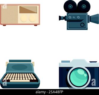 Sammlung von vier flachen Design-Symbolen, die Retro-Elemente darstellen. Vintage-Medien- und Kommunikationssymbole Stock Vektor