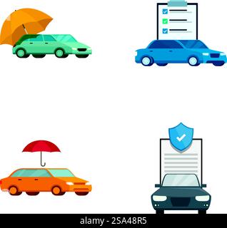 Set aus vier Symbolen für die Autoversicherung mit Schutzsymbolen wie Regenschirmen und Schilden. Symbole für das Konzept der Fahrzeugversicherung festgelegt Stock Vektor