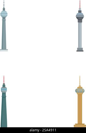 Sammlung von vier stilisierten fernsehtürmen, isoliert auf weißem Hintergrund. Set aus vier Comic-Fernsehtürmen Stock Vektor