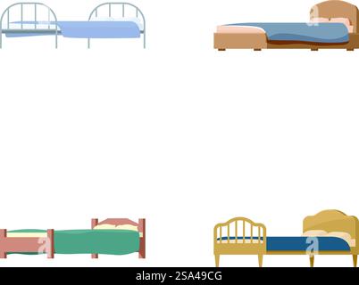 Set mit vier flachen Betten im Cartoonstil, geeignet für Innenarchitektur-Themen und Websymbole. Sammlung von Zeichentrickbetten isoliert auf weißem Hintergrund Stock Vektor