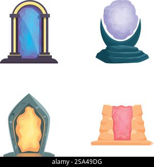 Sammlung farbenfroher magischer Portalsymbole mit verschiedenen Formen und mystischer Energie. Set mit vier magischen Portalen Stock Vektor