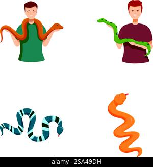 Sammlung von farbenfrohen, freundlichen Zeichentrickgrafiken mit Einzelpersonen, die Schlangen und verschiedene Schlangenarten halten. Zeichentrickserie von Menschen mit Schlangen und verschiedenen Schlangen Stock Vektor