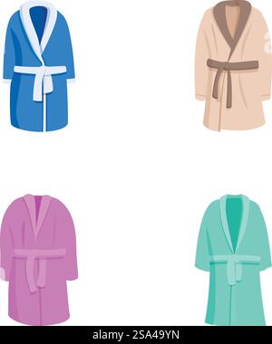 Sammlung von vier Illustrationen von Bademantel in Blau, Beige, Rosa und Grün, isoliert auf weißem Hintergrund. Illustration farbenfroher Bademäntel Stock Vektor