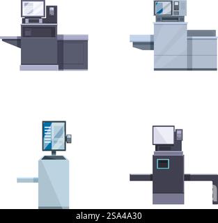 Vier Varianten schlanker Bürotische mit Desktop-Computern, ideal für Arbeitsplatzkonzepte. Moderne Schreibtische mit Computern Stock Vektor