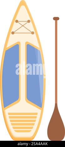 Paddelbrett mit dem hölzernen Paddel aufrecht stehend, bereit für ein Wasserabenteuer. Modernes Paddelbrett mit Paddel zum Stand-Up-Paddeln auf dem Wasser Stock Vektor