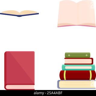 Sammlung farbenfroher Buchillustrationen mit verschiedenen Blickwinkeln, isoliert auf weißem Hintergrund, mit Elementen der Bildung, des Lernens und der Literatur. Set aus vier verschiedenen Buchgrafiken, von einem einzigen Buch bis zu einem Stapel Bücher Stock Vektor