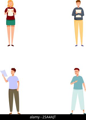 Vektor-Illustration von vier Zeichentrickfiguren, die an verschiedenen Aktivitäten auf weißem Hintergrund teilnehmen. Set aus vier Comicfiguren in verschiedenen Posen Stock Vektor