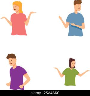 Illustrationen von vier Individuen mit perplexiertem Ausdruck und Handgesten, isoliert auf weiß. Eine Reihe verwirrter Menschen, die mit Händen Gesten Stock Vektor