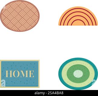 Sammlung von vier Wohnaccessoires im Cartoonstil, einschließlich Teppich, Willkommensmatte und mehr. Set mit vier Comic-Wohnaccessoires Stock Vektor