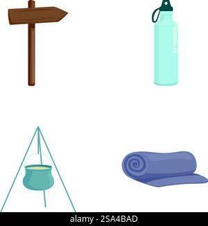 Set mit wichtigen Camping-Ikonen mit Vektoren, Illustrationen und Schildern, einschließlich Wasserflasche, Stativ, Topf und Ausrüstung für Outdoor-Abenteuer und Reisen isoliert auf dem Naturcamping. Vektor-Illustration von Camping-Essentials einschließlich Wegweiser, Wasserflasche, Stativtopf und Schlafmatte Stock Vektor