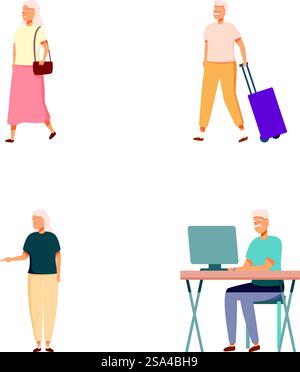Eine Reihe von Illustrationen, die ältere Erwachsene in verschiedenen Alltagssituationen zeigen und den aktiven Lebensstil veranschaulichen. Verschiedene Lifestyle-Aktivitäten für Senioren Stock Vektor