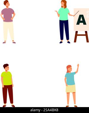 Sammlung von vier Zeichentrickfiguren, die sich an verschiedenen Gelegenheitsaktivitäten und Gesten beteiligen. Set aus verschiedenen Zeichentrickfiguren in Alltagsposen Stock Vektor