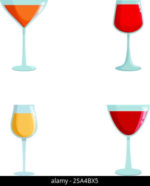 Vier Vektor-Illustrationen von Weingläsern mit verschiedenen Weinsorten, isoliert auf weißem Hintergrund. Set aus Cartoon-Weingläsern mit verschiedenen Weinen Stock Vektor