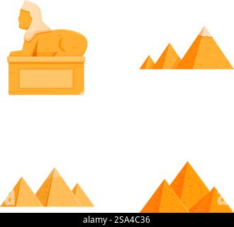 Sammlung von flachen Vektorsymbolen, die eine ägyptische Sphinx und Pyramiden in verschiedenen Stilen zeigen. Ägyptische Sphinx und Pyramiden Vektorset Stock Vektor