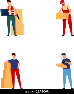 Sammlung von vier Illustrationen mit Liefermännern mit Paketen in verschiedenen Posen. Satz von Zeichen für die Lieferung von Männern mit Boxen Stock Vektor