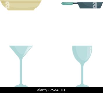 Set aus vier Symbolen, die eine Tortenform, eine Bratpfanne und zwei verschiedene Arten von Weingläsern darstellen. Küchen- und Esszimmer-Vektorsymbole Stock Vektor