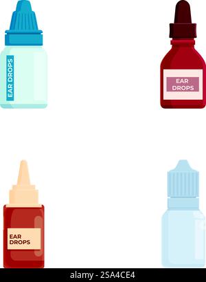 Farbenfrohe Vektor-Illustration Set mit verschiedenen Arten von Ohrentropfen Flaschen. Illustration zur Sammlung von Ohrentropfenflaschen Stock Vektor