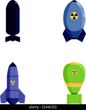 Set aus vier Cartoonstilen Atomwaffen und Bombenabbildungen, isoliert auf weißem Hintergrund. Sammlung von Cartoon-Atomraketen und Bomben Stock Vektor