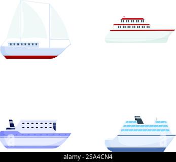 Sammlung von vier Karikaturschiffen und Booten isoliert auf weiß, ideal für Reise- und Transportthemen. Set mit Wassermotorgrafiken im Cartoon-Stil Stock Vektor