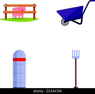 Sammlung flacher Symbole, die Elemente des Betriebs darstellen, darunter Schwein, Schubkarre, Silo und Heugabel. Flache Symbole für landwirtschaftliche Elemente festgelegt Stock Vektor