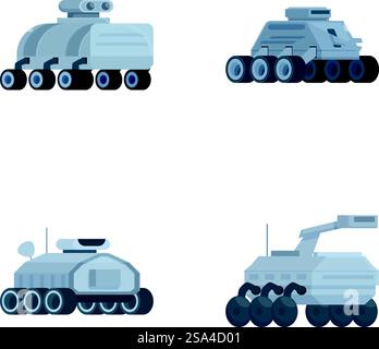 Set aus vier stilisierten Vektorgrafiken mit verschiedenen Designs von Militärpanzern auf weißem Hintergrund. Sammlung von Comic Military Panzer Vektor Illustrationen Stock Vektor