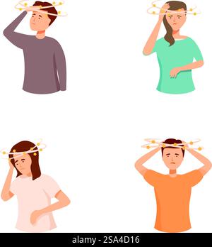 Sammlung illustrierter Ikonen, die Männer und Frauen mit Schwindelgefühlen und Sternen um den Kopf zeigen. Zeichentrickfilme mit Symbolen für schwindelerregende Menschen Stock Vektor