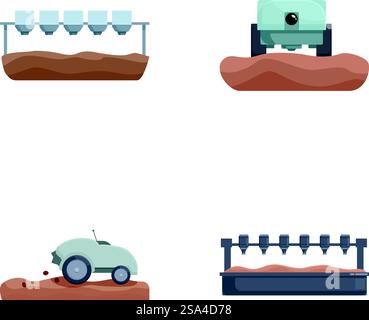 Vektorsymbole mit verschiedenen Arten von landwirtschaftlichen Bewässerungssystemen, einschließlich Pivot- und Tropfbewässerung. Satz von Symbolen für Bewässerungsbetriebe Stock Vektor